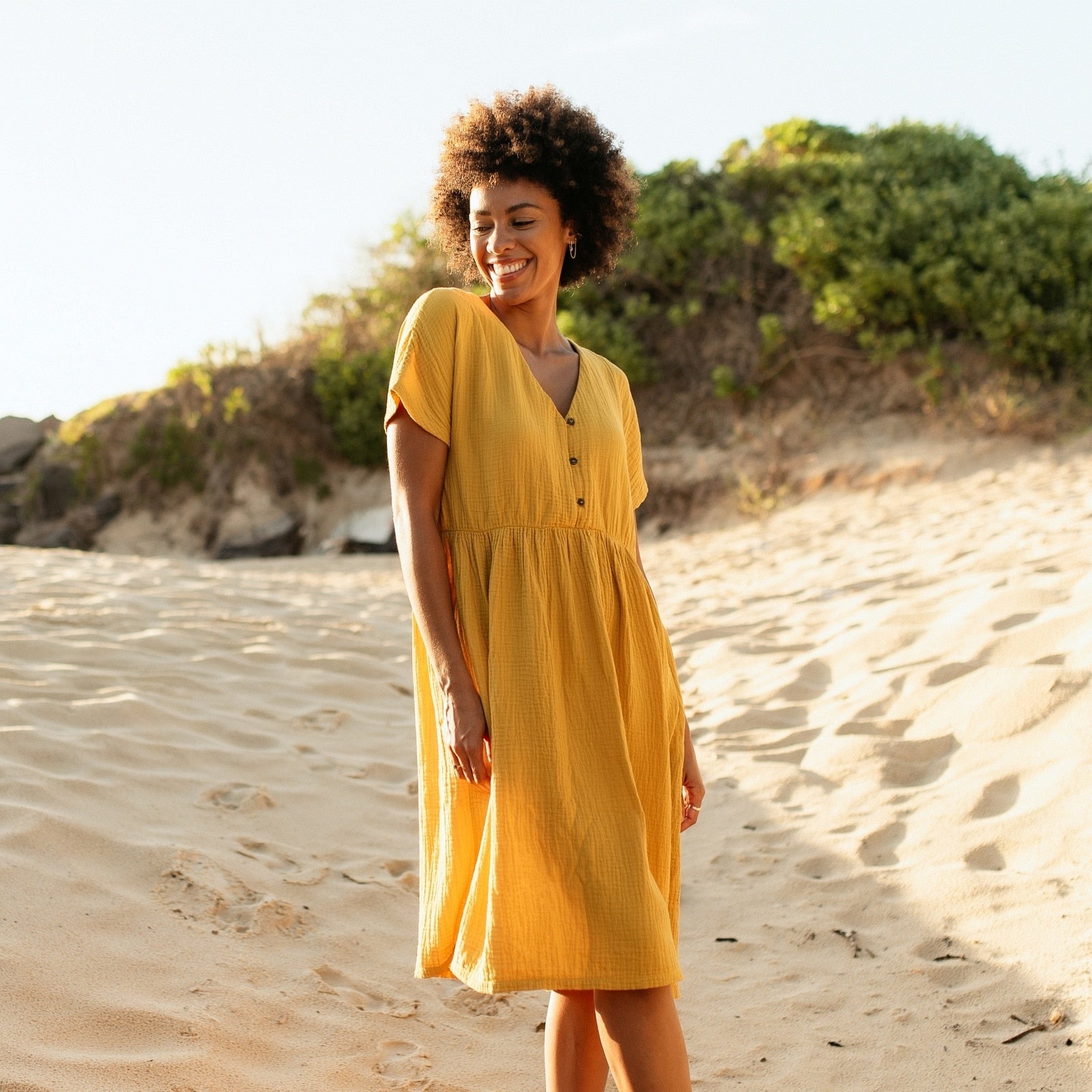 Musselin Kleid Alma Gelb aus Bio-Baumwolle - Main Image